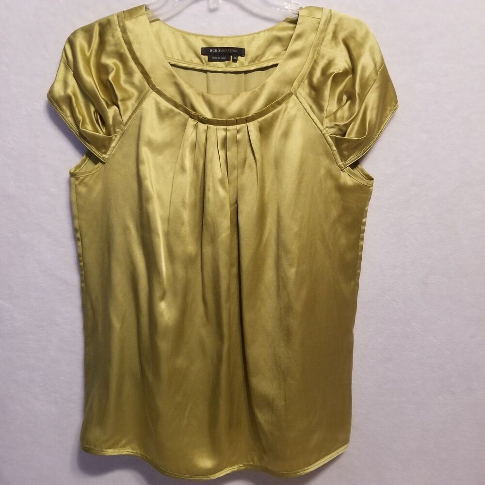 BCBGMaxazria XS Top Cotton Silk Satin Sheen Pleated Cap Sleeve Chartreuse Green